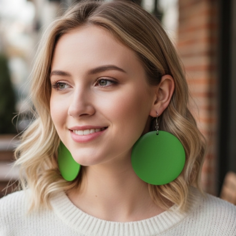 Round wooden earrings, super lightweight, green circular earrings, 6.5 cm longs